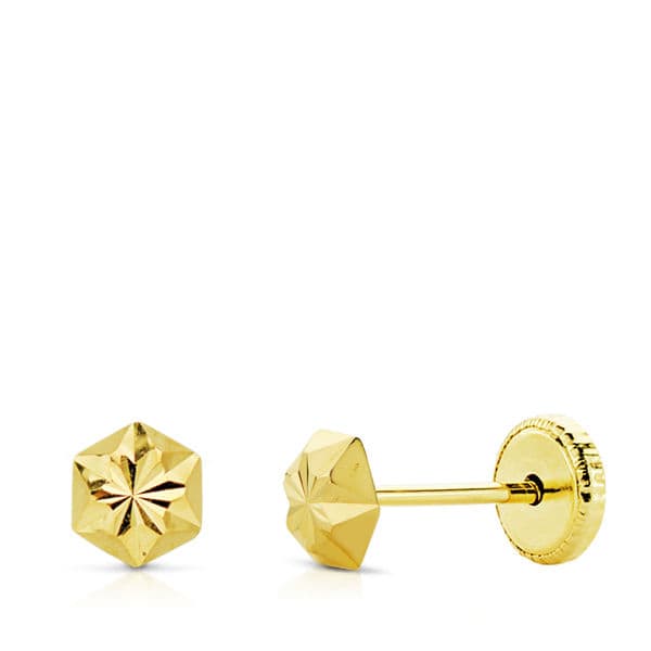 18K PENDIENTES ORO AMARILLO CLAVO ESTRELLA TALLADOS 4 MM CIERRE TUERCA