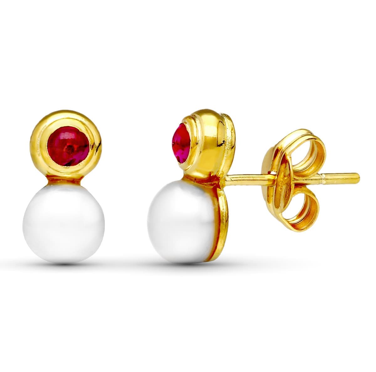 Pendientes Perla y Piedra Roja 10 x 5 mm de oro amarillo 18K