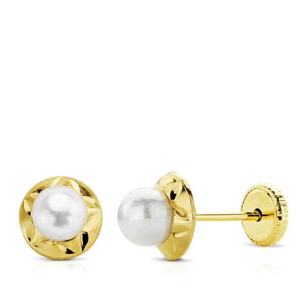 18K PENDIENTES ORO AMARILLO PERLA TUERCA 6 MM