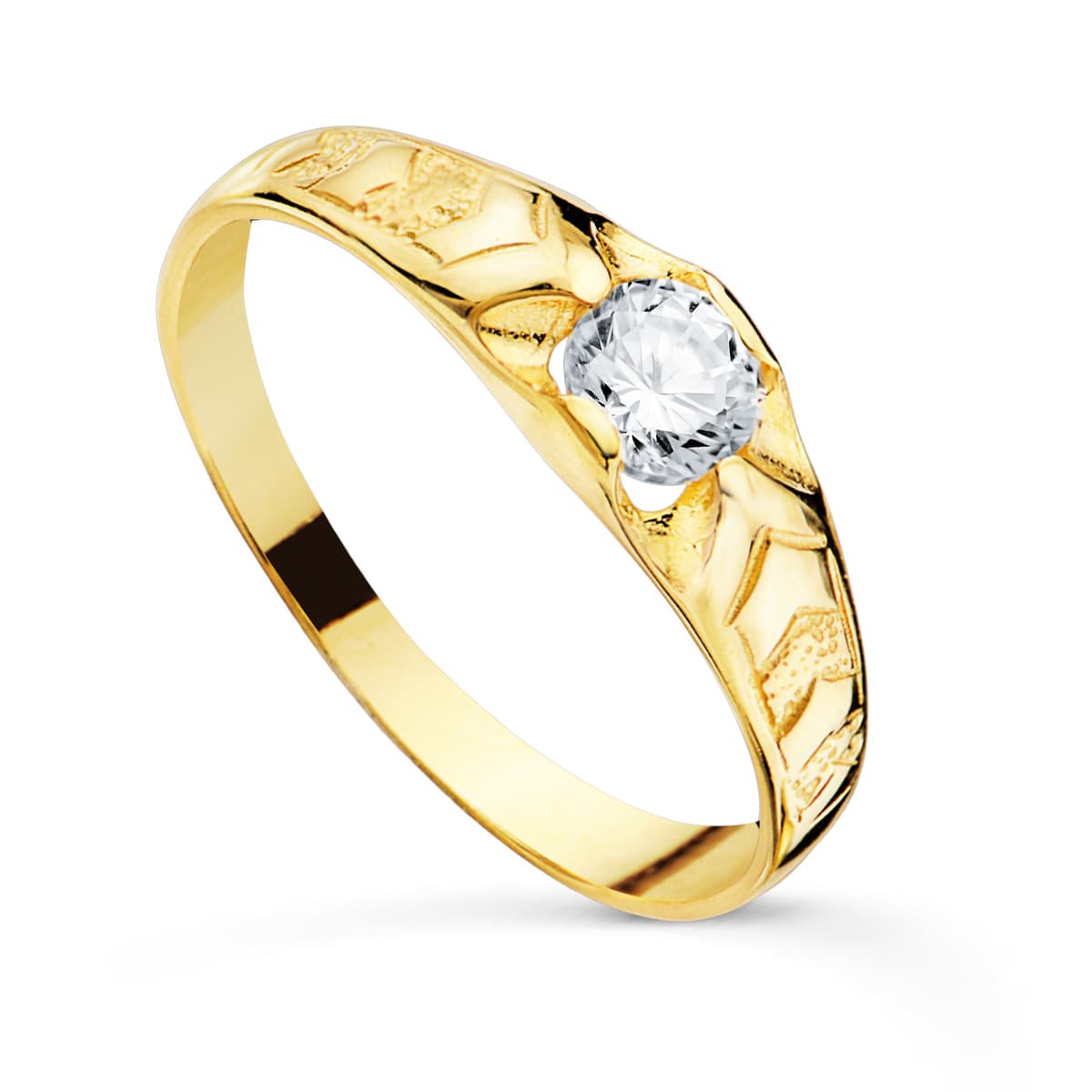 Solitario Cadete Macizo Brillo circonita 4.2 mm Ancho 5 mm de oro amarillo 18K