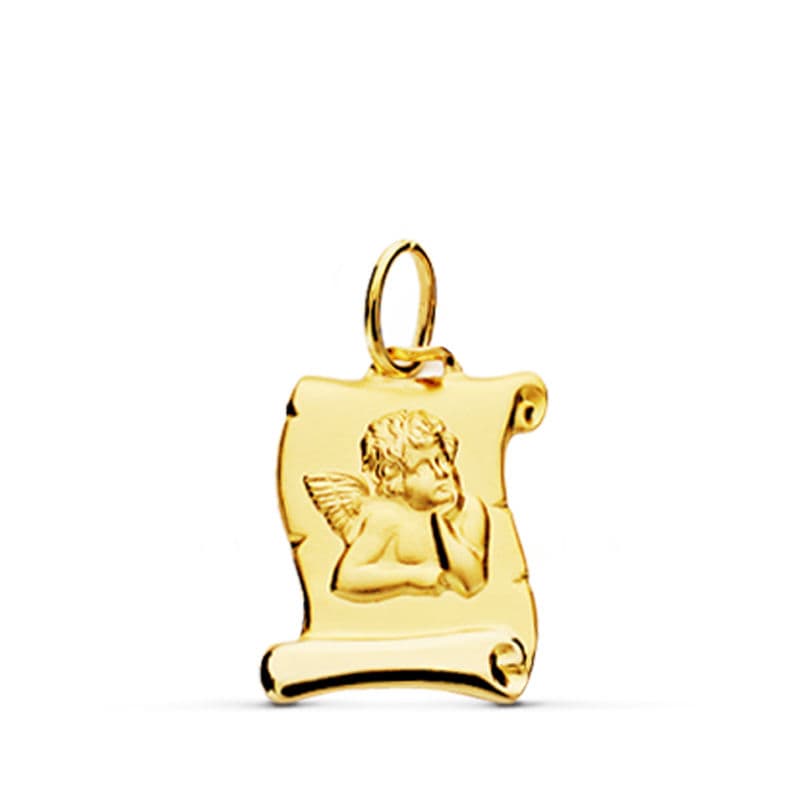 Medalla Colgante Pergamino Angelito Burlon. 16 x 12 mm de oro amarillo 9K