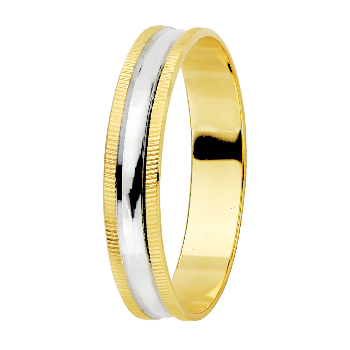 18K ALIANZA ORO BICOLOR BRILLO Y BORDES ESTRIADOS. ANCHO: 4 MM