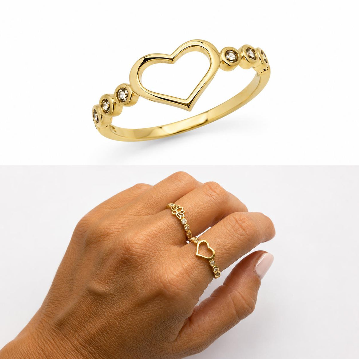 Anillo corazón de plata de ley con baño de oro de 14 quilates - Joyería Zafir