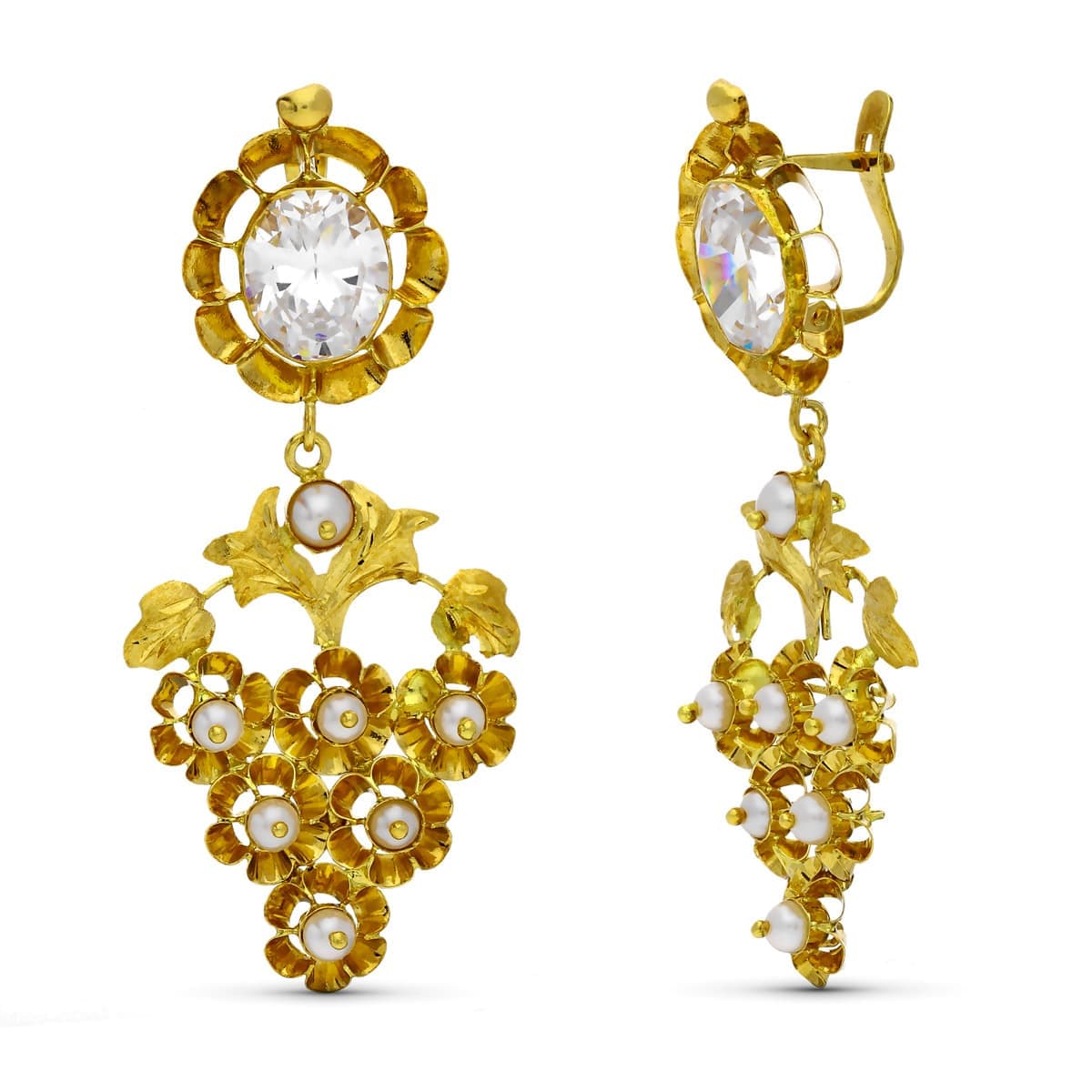 Pendientes Cubanas Mantilla Circonita y Perla Total 50 x 22 mm catalán de oro amarillo 18K