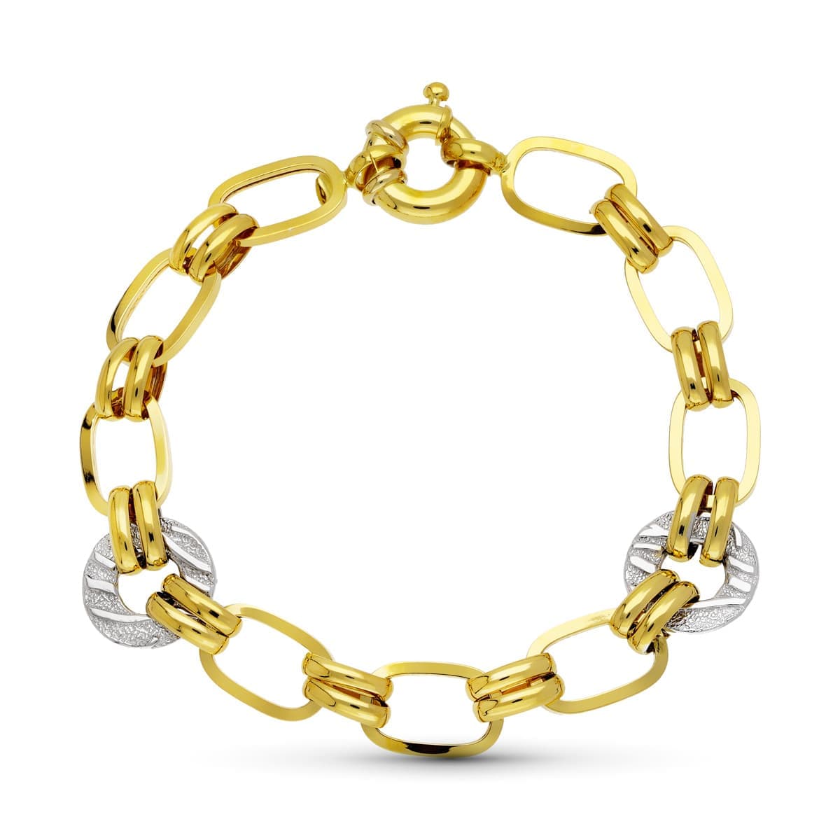 18K PULSERA ORO BICOLOR ESLABONES HUECA 19CM