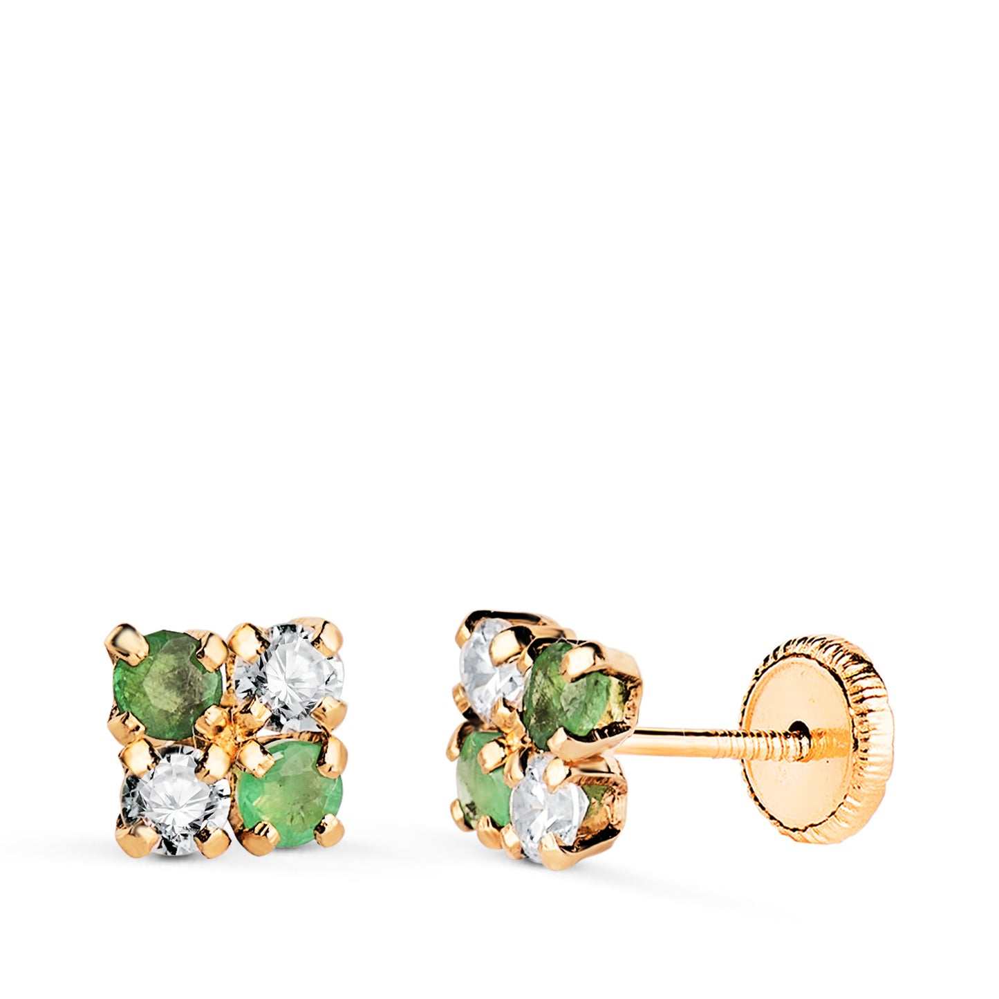 Pendientes Cuadrados con Circonita y Esmeralda. Medida: 5 x 5 mm. Cierre Tuerca de oro amarillo 18K