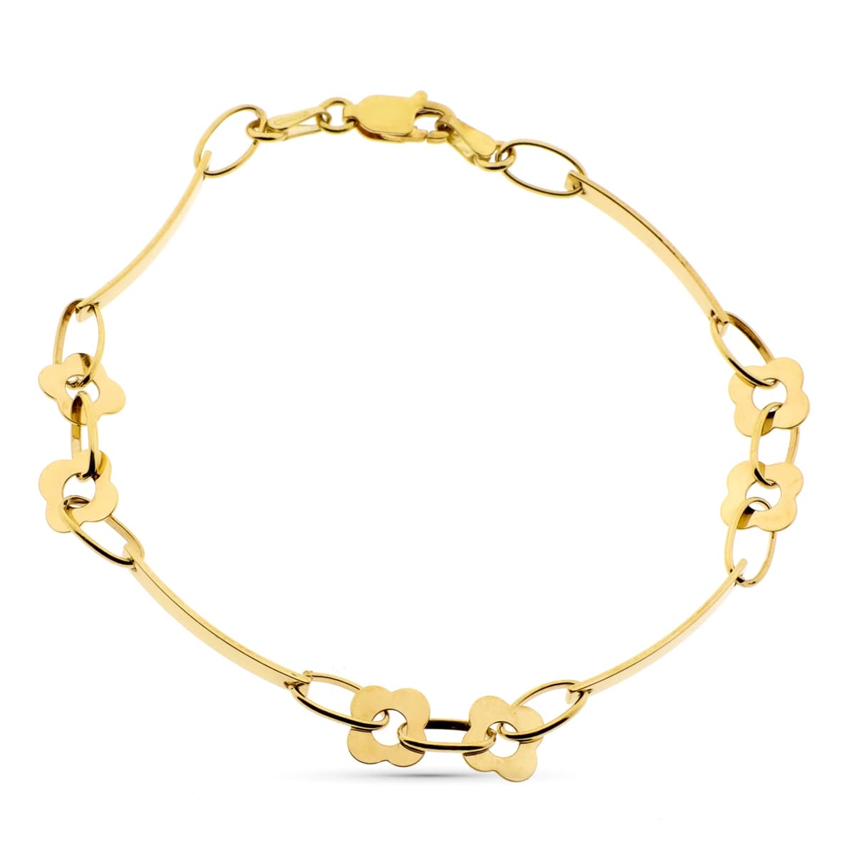 Pulsera Eslabones y Flores 19,5 cm de oro amarillo 18K