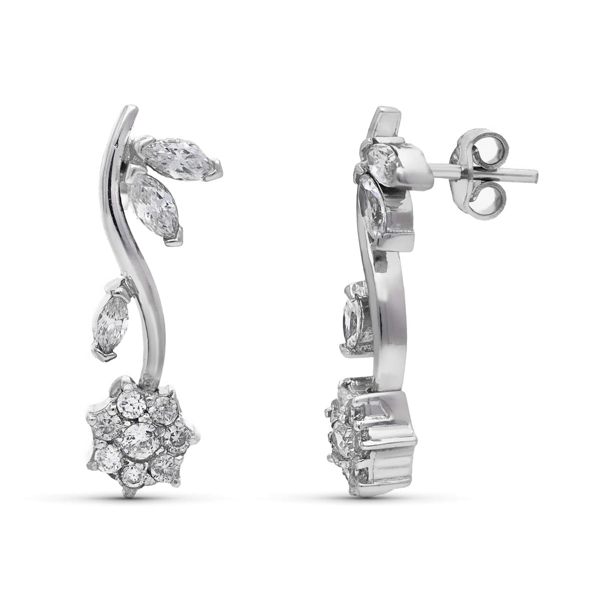 18K PENDIENTES ORO BLANCO LARGOS FLORES CIERRE PRESION