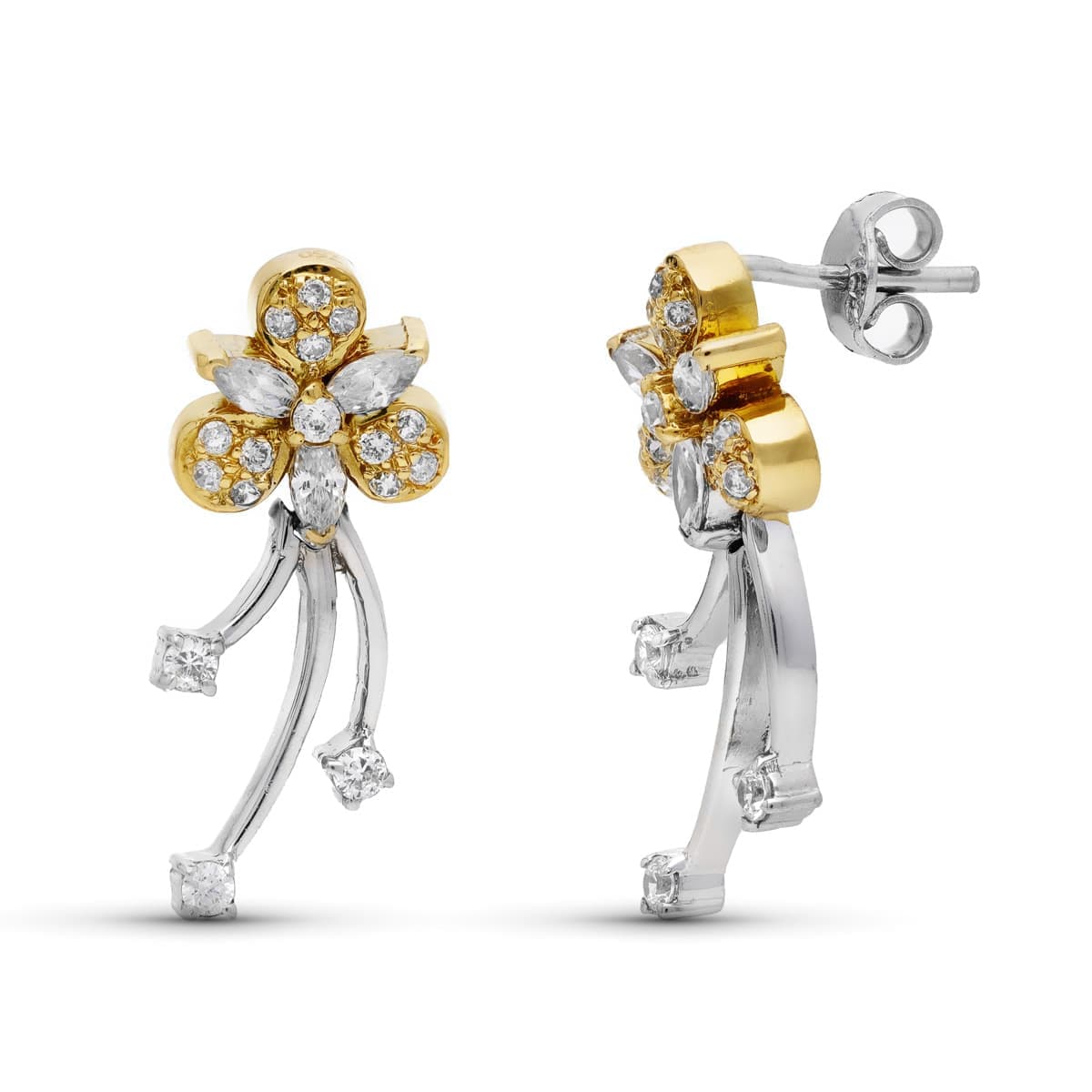 18K PENDIENTES ORO BICOLOR LARGOS FLOR CIRCONITA CIERRE PRESION