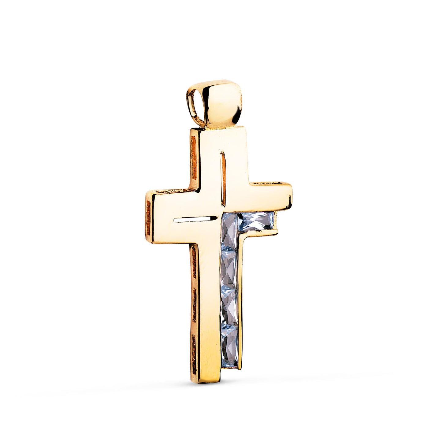 Cruz Piedras Baguette Circonitas Color Aguamarina. 31 x 15 mm de oro amarillo 18K