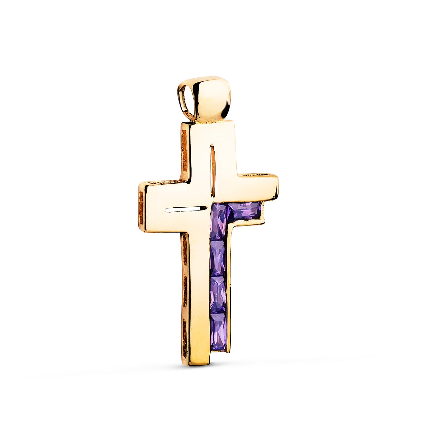 Cruz Piedras Baguette Circonitas Color Amatista. 31 x 15 mm de oro amarillo 18K