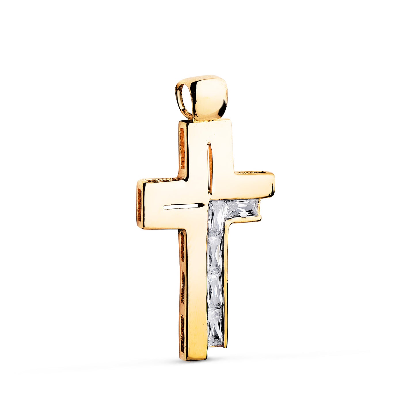 18K CRUZ ORO AMARILLO PIEDRAS BAGUETTE CIRCONITAS BLANCAS. 31 X 15 MM