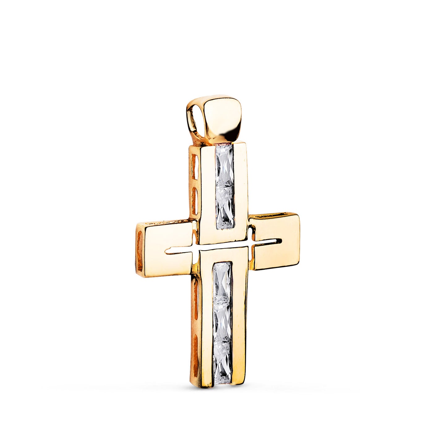 Cruz Piedras Baguette Circonitas Blancas. 29 x 18 mm de oro amarillo 18K