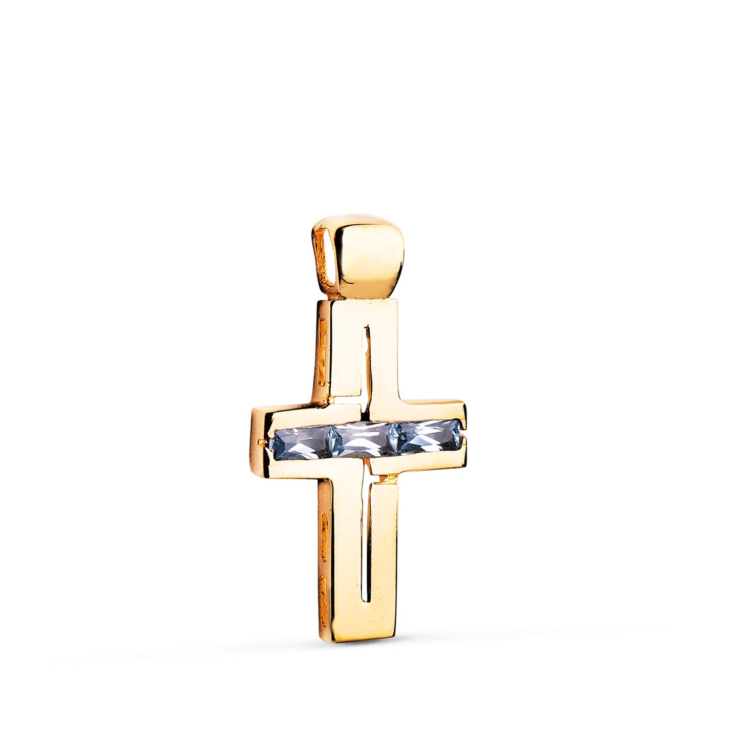 Cruz Piedras Baguette Circonitas Color Aguamarina. 25 x 13 mm de oro amarillo 18K
