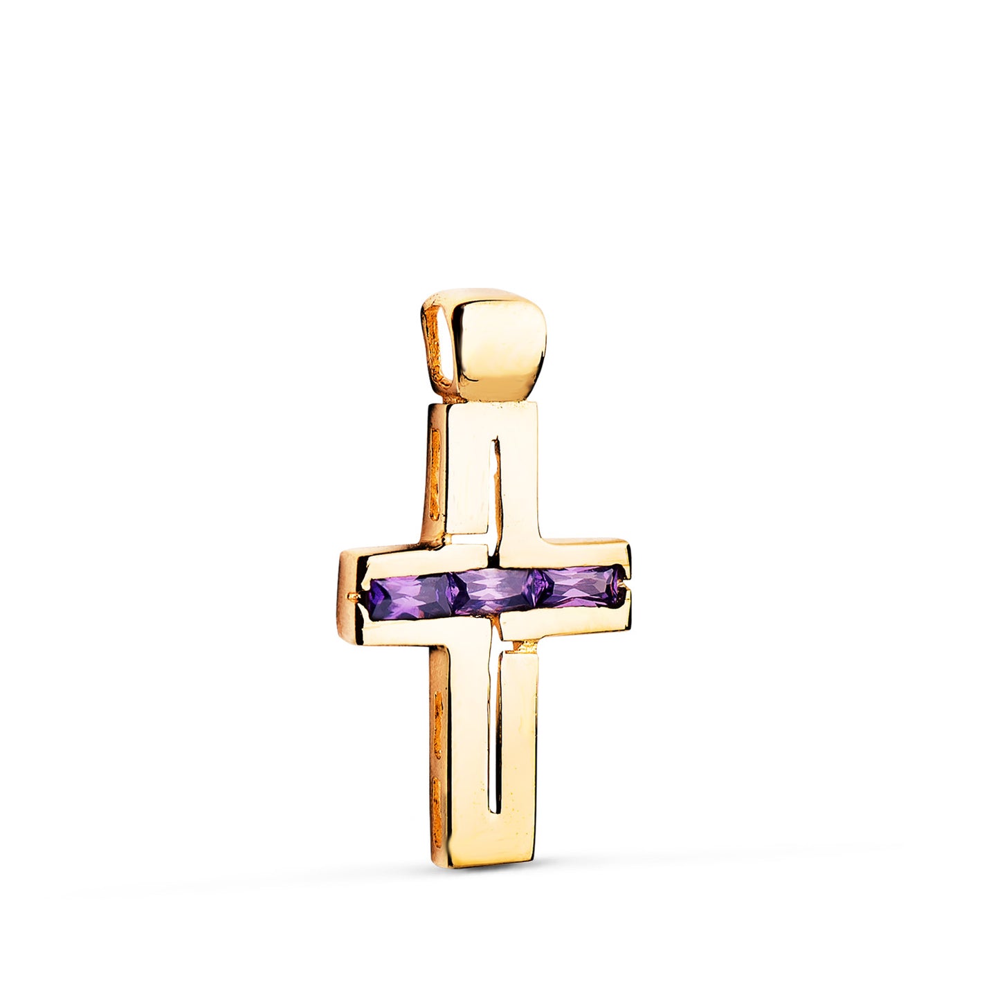 Cruz Piedras Baguette Circonitas Color Amatista. 25 x 13 mm de oro amarillo 18K
