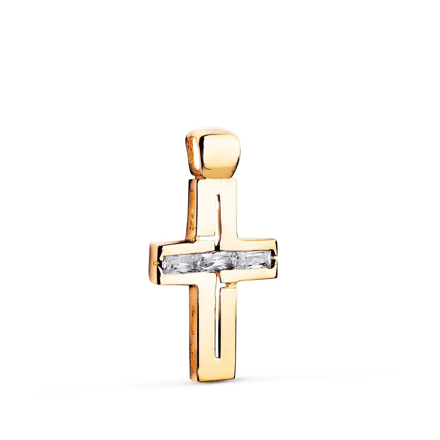 Cruz Piedras Baguette Circonitas Blancas. 25 x 13 mm de oro amarillo 18K