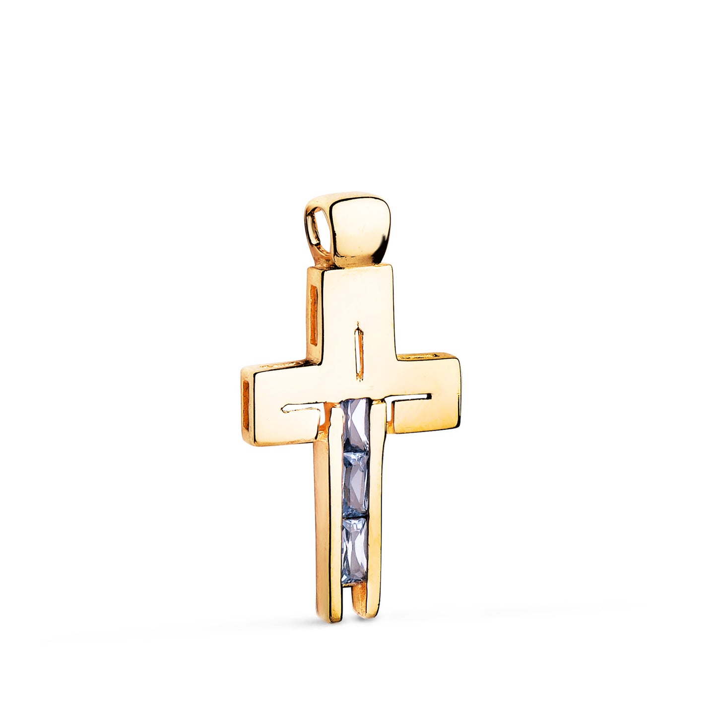 Cruz Piedras Baguette Circonitas Color Aguamarina. 27 x 14 mm de oro amarillo 18K
