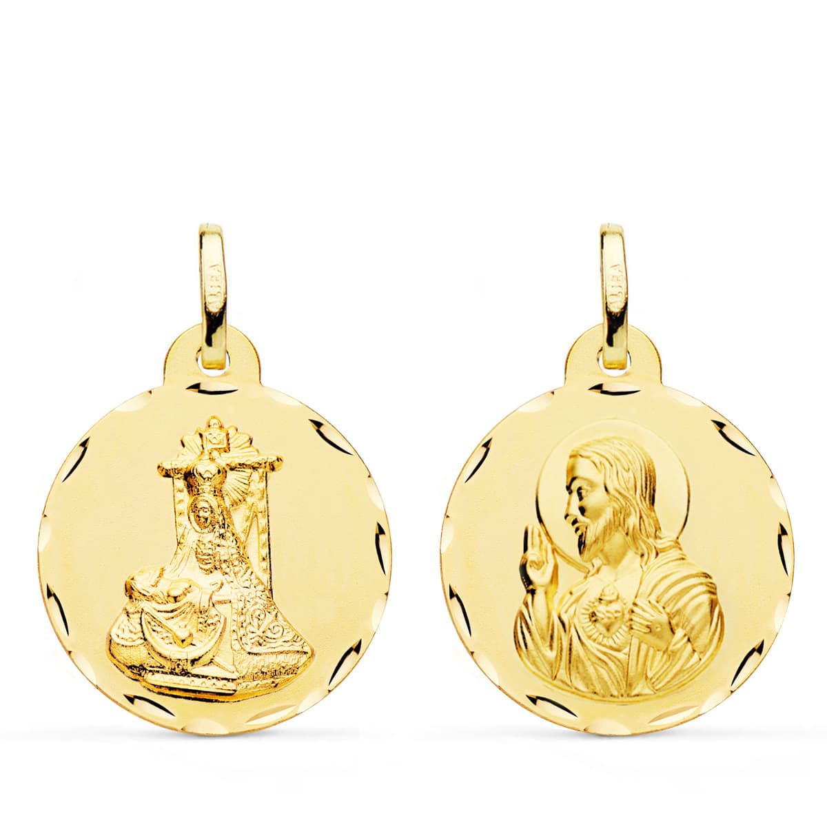Medalla Escapulario Virgen de Las Angustias y Corazon de Jesus Tallada 22 mm de oro amarillo 18K