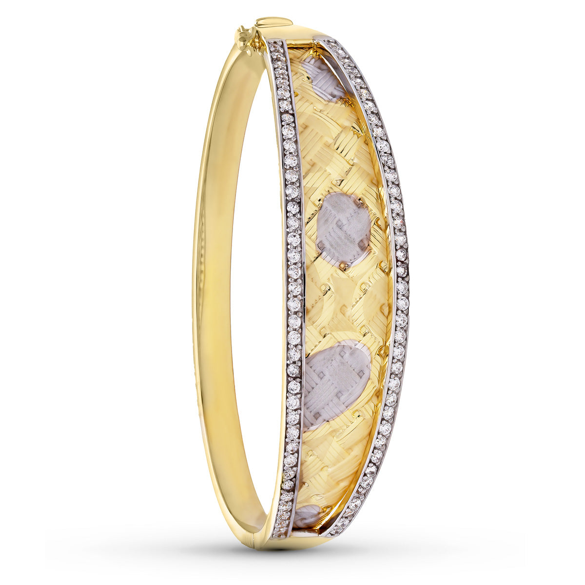 18K PULSERA RIGIDA ORO BICOLOR CIRCONITA MATE Y BRILLO DIAMANTRO 60 MM ANCHO 15 MM EN DISMINUCION