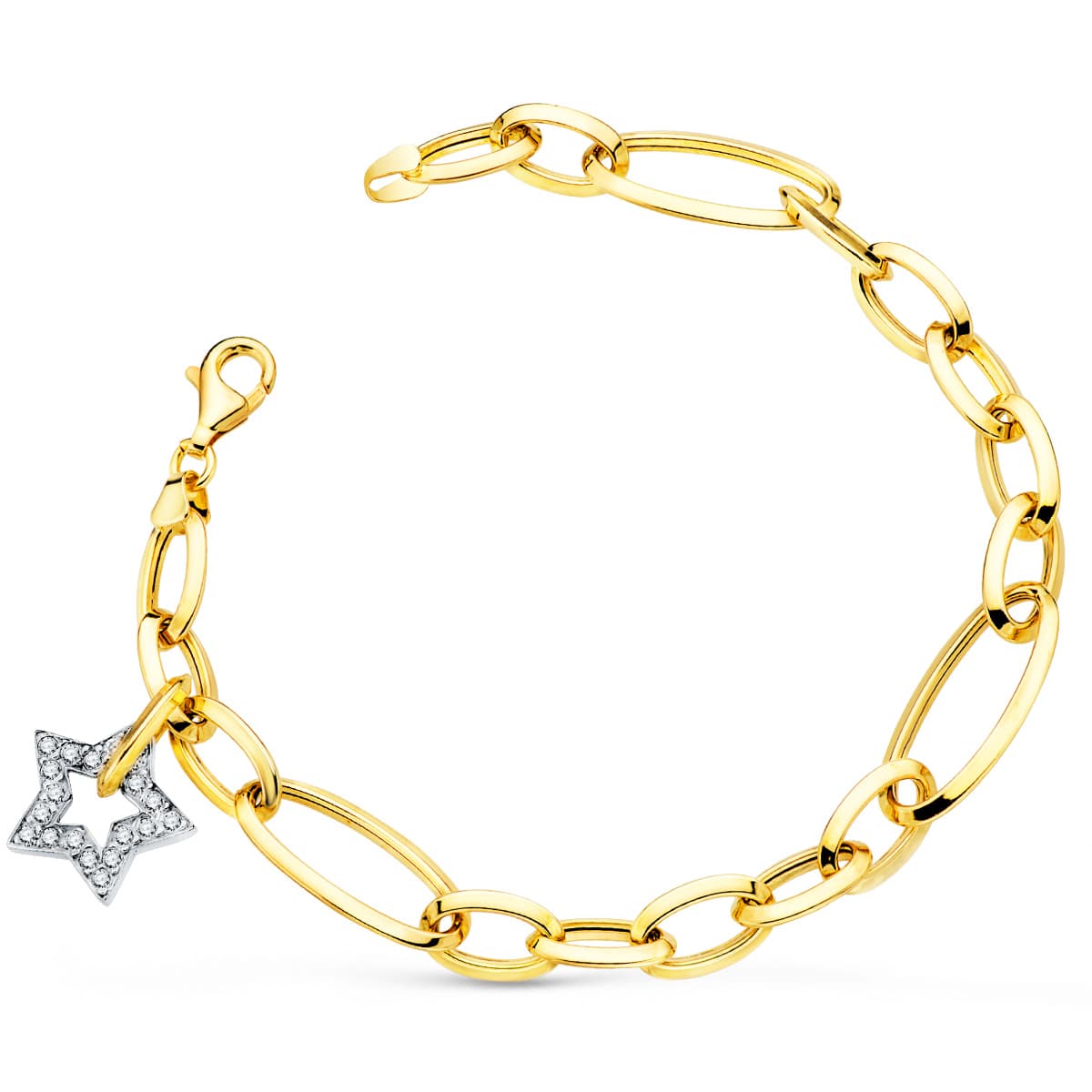 Pulsera Bicolor Eslabones con Colgante Estrella Circonita 15 mm 20 cm 18K