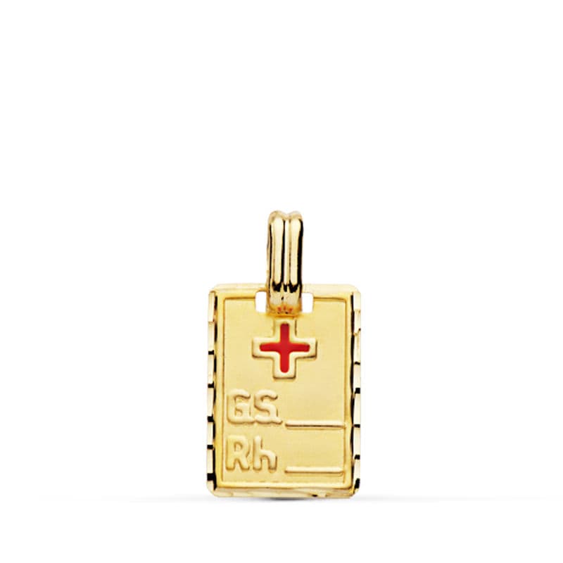 18K PLACA CHAPA COLGANTE ORO AMARILLO GRUPO SANGUINEO RH PEQUEÑA 16X11 MM