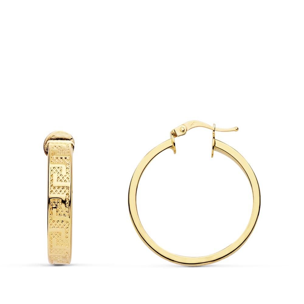 Aros Huecos con Greca. Medida: 20 x 4 mm. Grosor: 1,5 mm de oro amarillo 18K