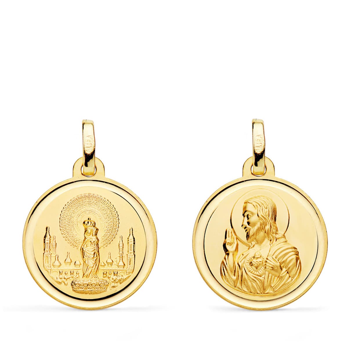 Escapulario Virgen Pilar y Corazon de Jesus 18 mm de oro amarillo 18K