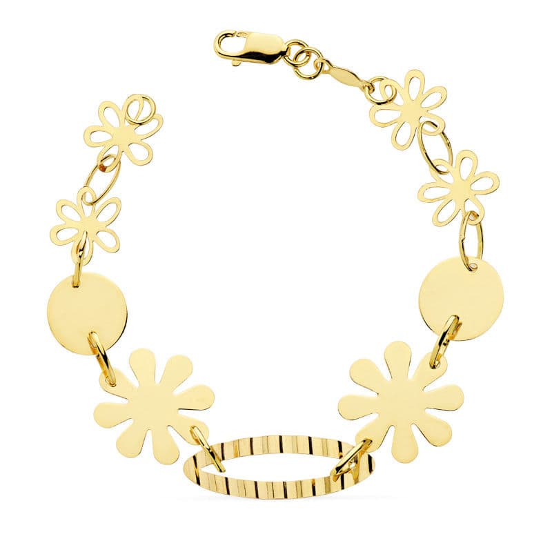 18K PULSERA ORO AMARILLO FLORES CHAPITAS 20CM