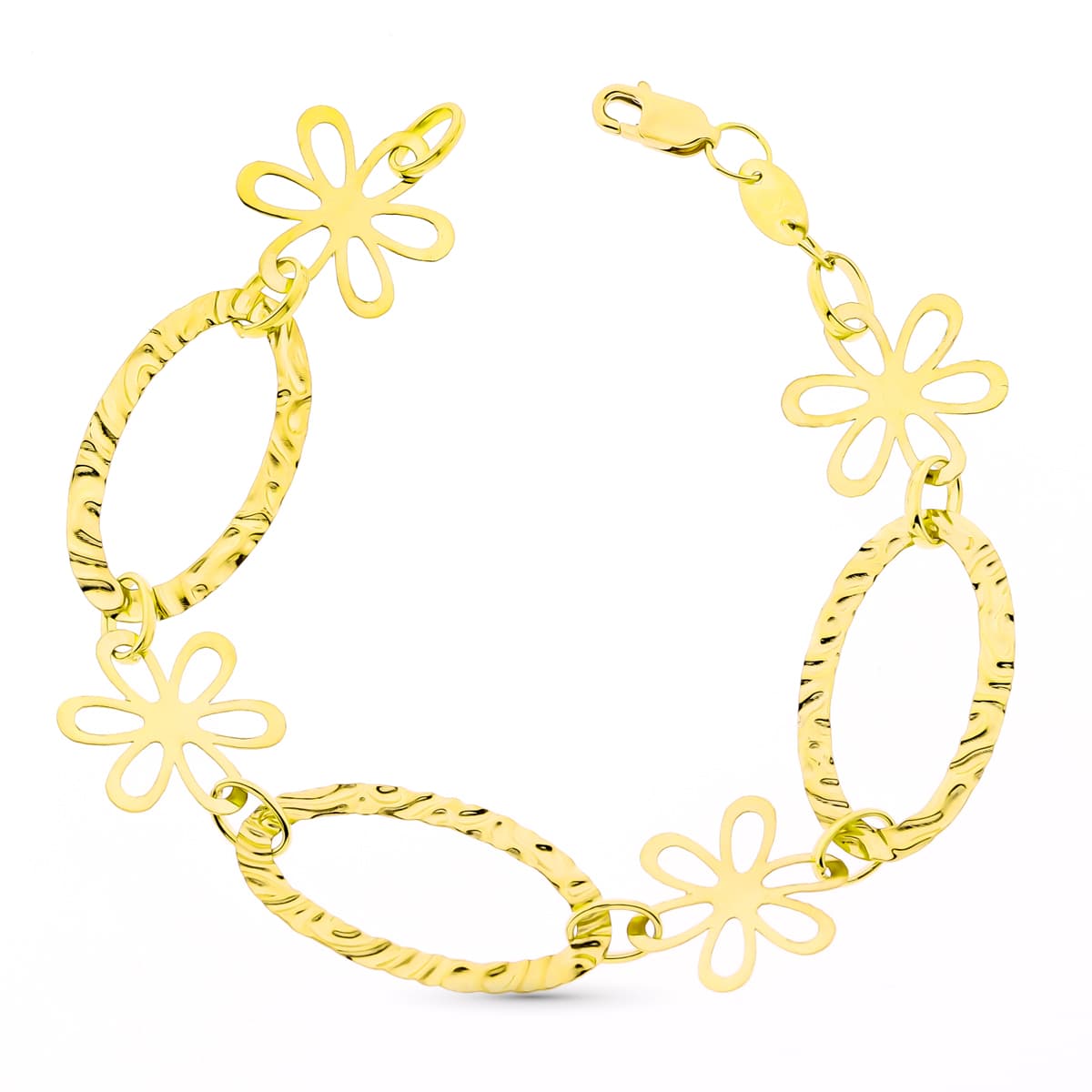 Pulsera Eslabones y Flores 19 cm de oro amarillo 18K