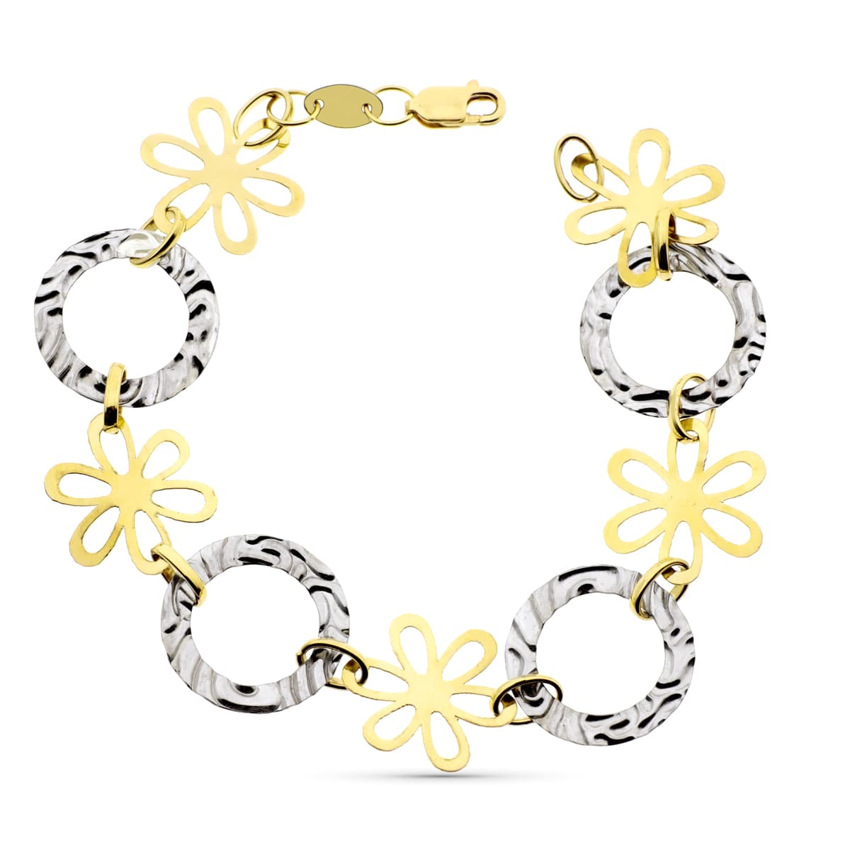 18K PULSERA ORO BICOLOR FLORES Y MOTIVOS REDONDOS CON ONDAS 20CM
