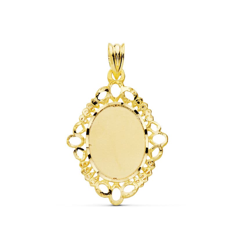 18K COLGANTE PLACA CHAPA ORO AMARILLO CERCO CALADO OVAL 31X22 MM