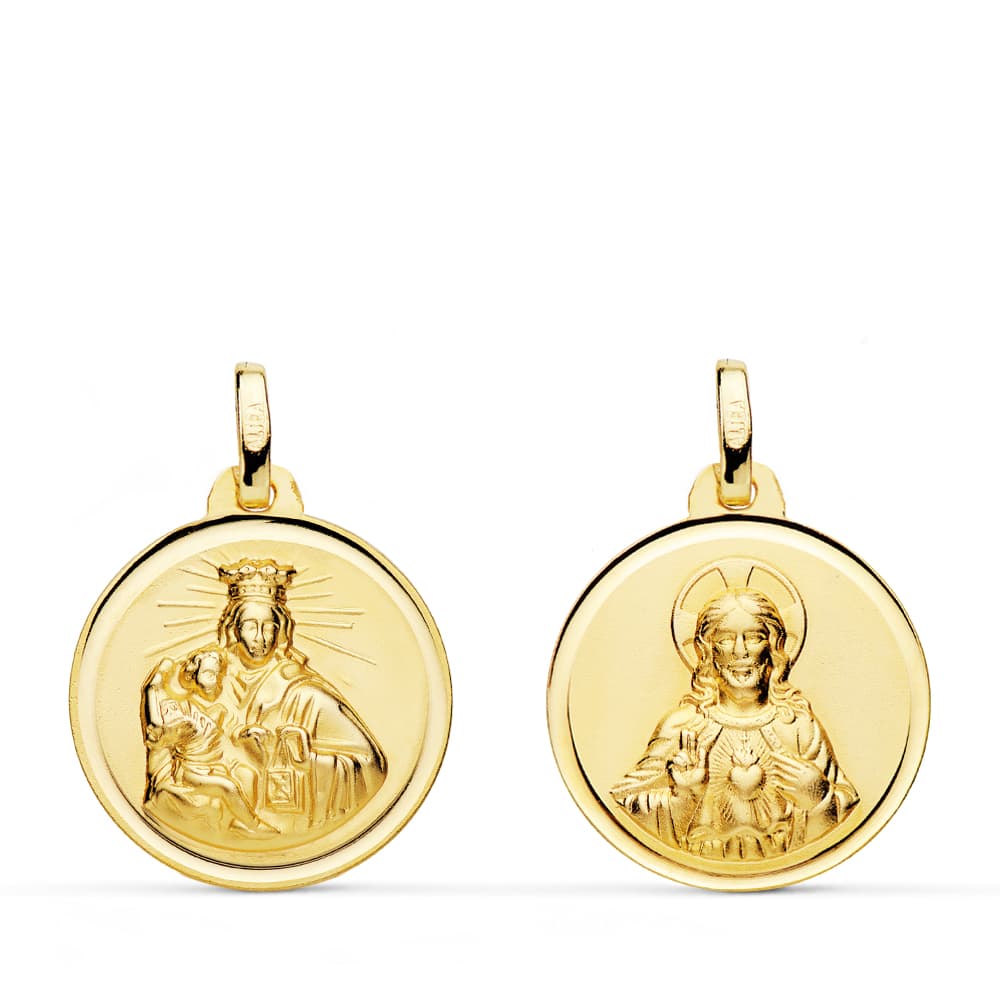 18K ESCAPULARIO ORO AMARILLO VIRGEN DEL CARMEN CORAZON DEL JESUS BISEL 18 MM