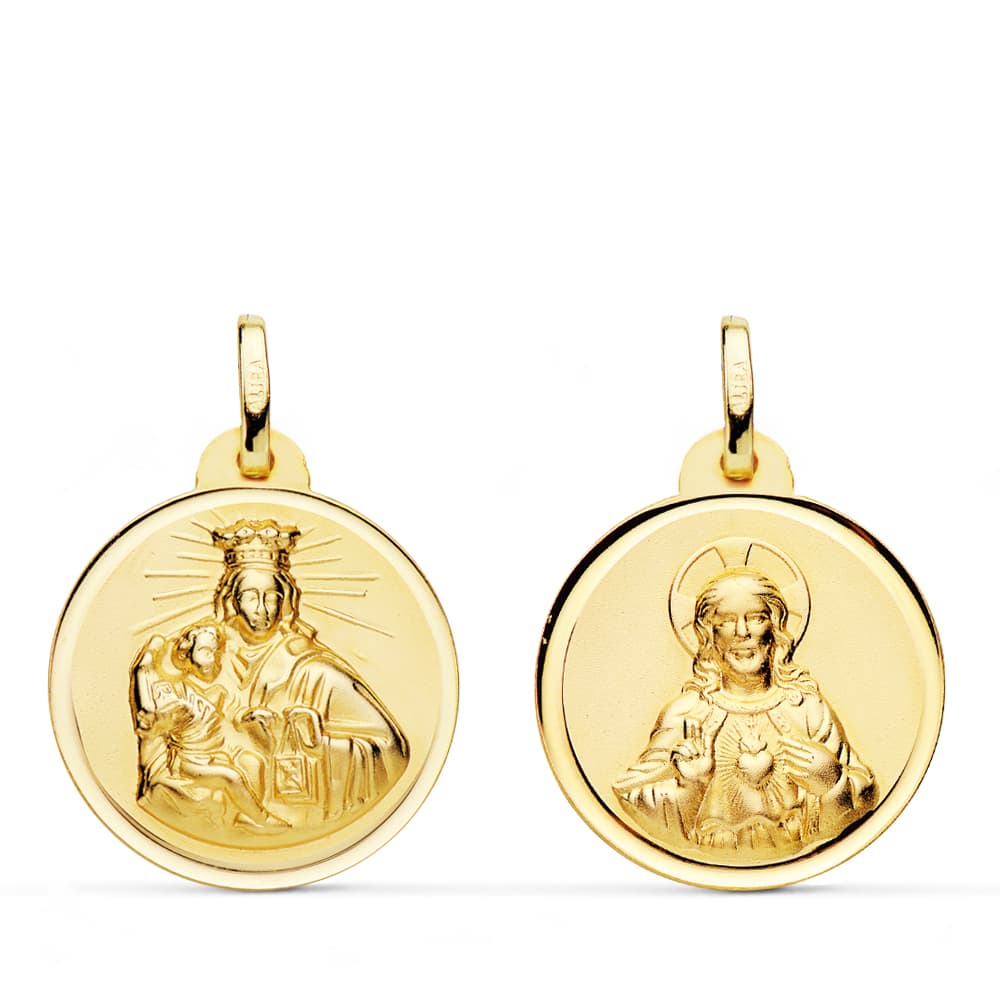 18K ESCAPULARIO ORO AMARILLO VIRGEN DEL CARMEN CORAZON JESUS BISEL 20 MM