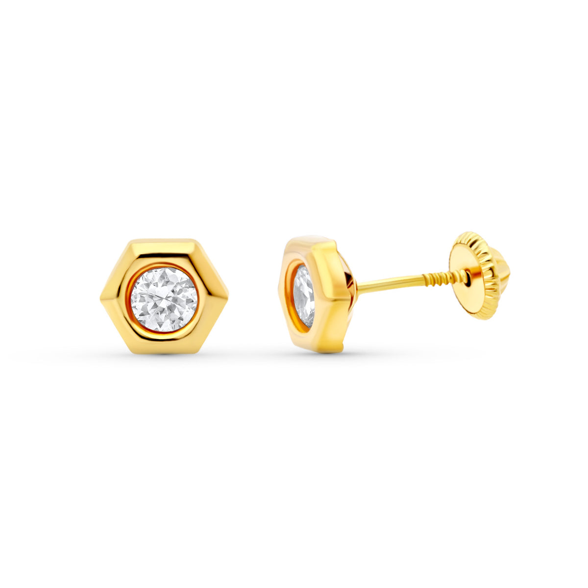 Pendientes Chaton Hexagono. 7 x 6 mm. Cierre Tuerca de oro amarillo 18K
