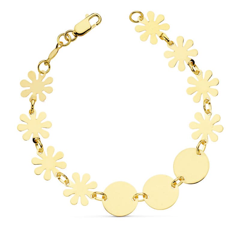 Pulsera Flores y Placa Chapa 18,5 cm de oro amarillo 18K