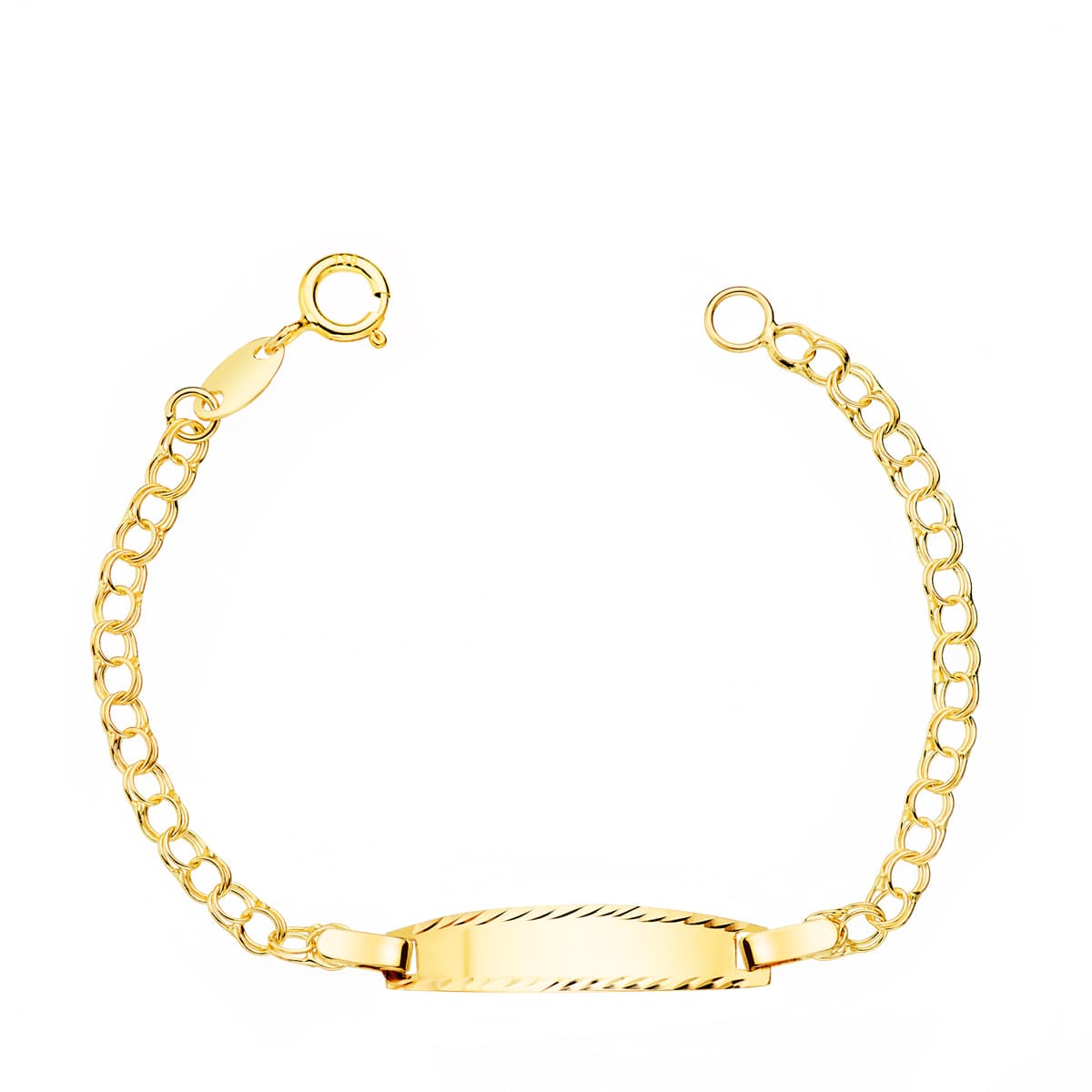 18K ESCLAVA BEBE ORO AMARILLO HUNGARINA PLACA CHAPA BRILLO TALLADA 19X4 MM 11.5 CM