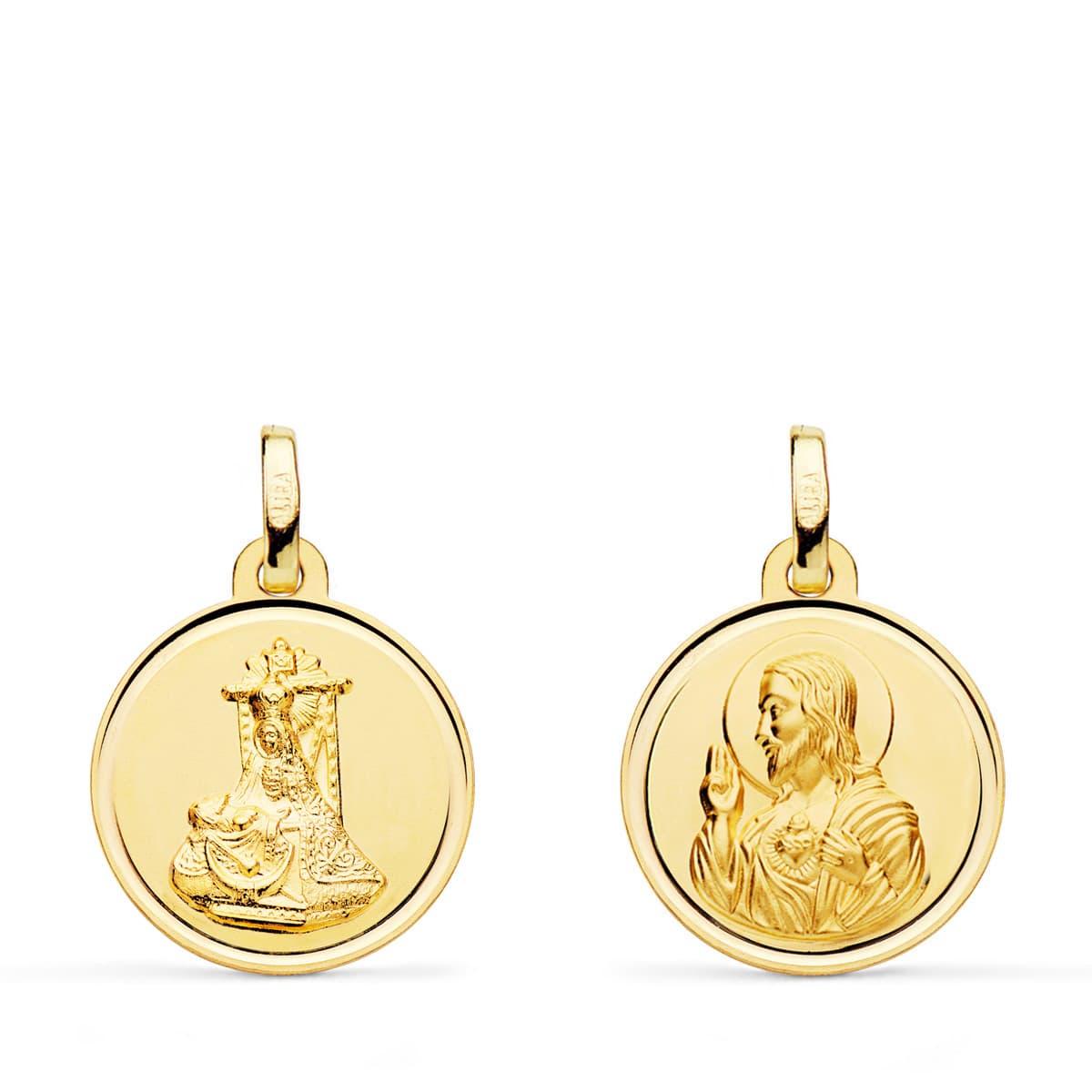Medalla Escapulario Virgen de Las Angustias y Corazon de Jesus Bisel 16 mm de oro amarillo 18K