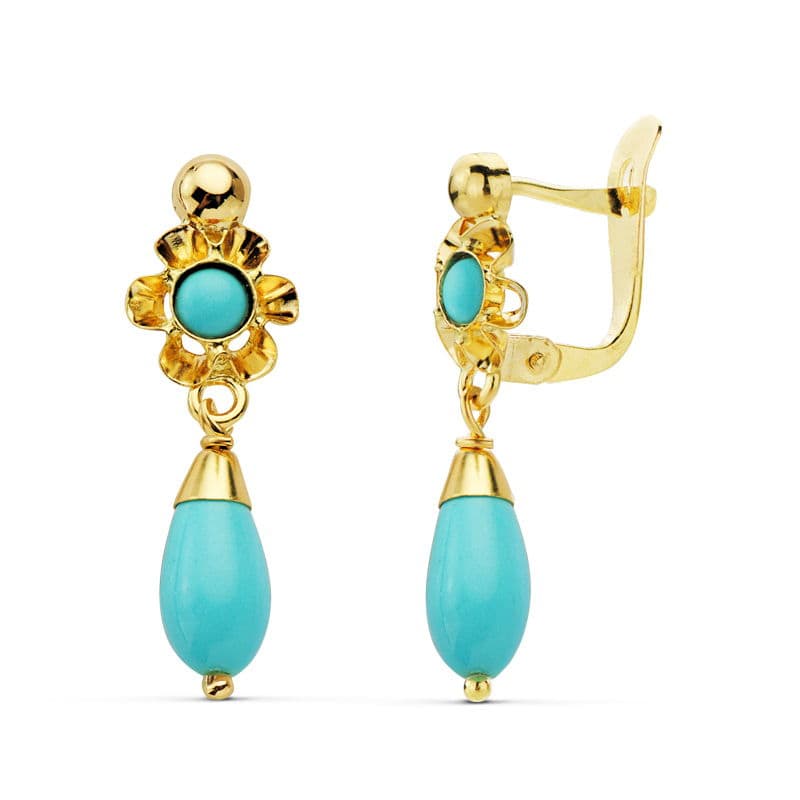 18K PENDIENTES ORO AMARILLO LAGRIMA TURQUESA 22X7 MM CIERRE CATALÁN