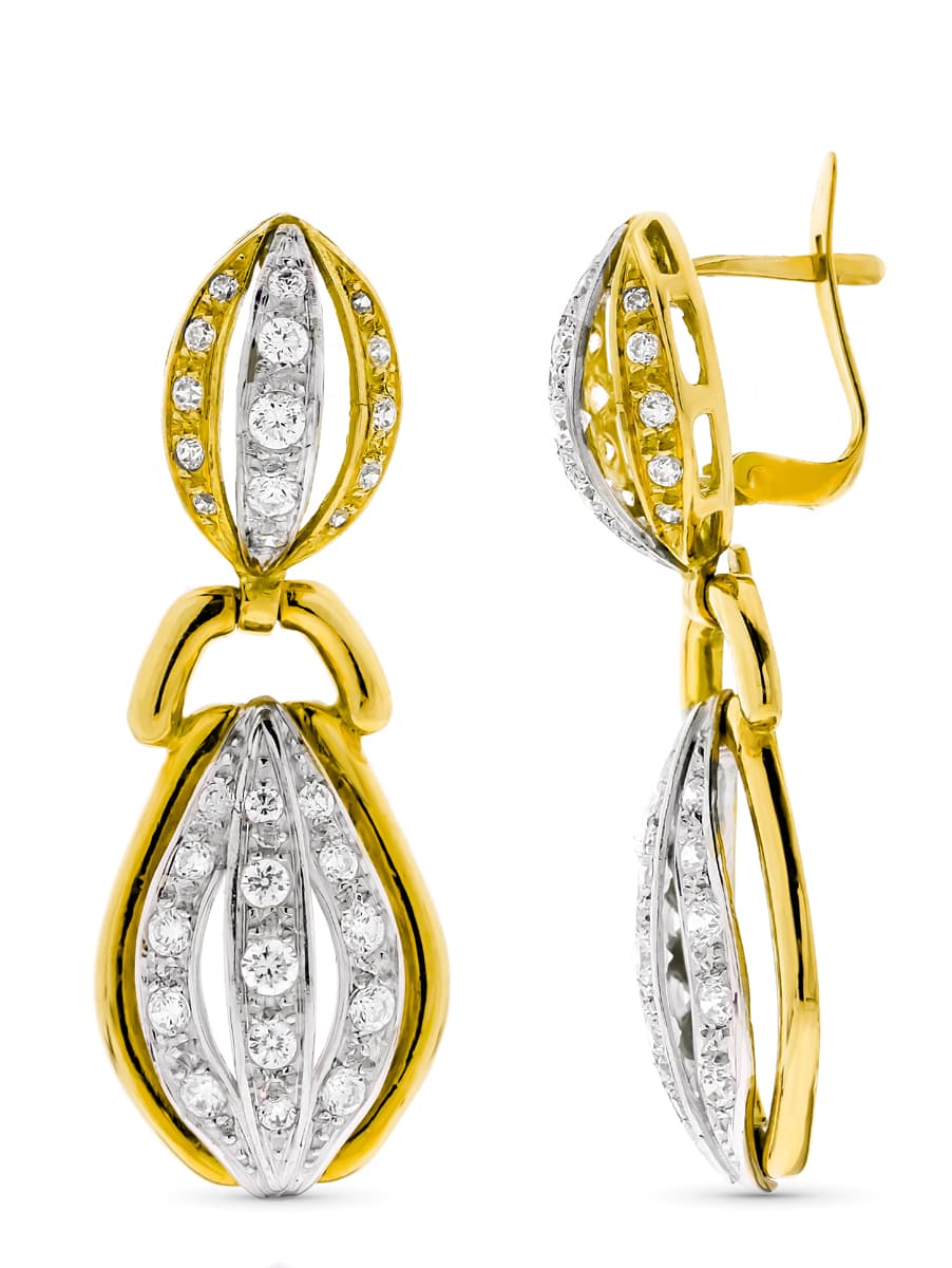 18K PENDIENTES ORO BICOLOR LARGOS CON CIRCONITA CIERRE CATALÁN