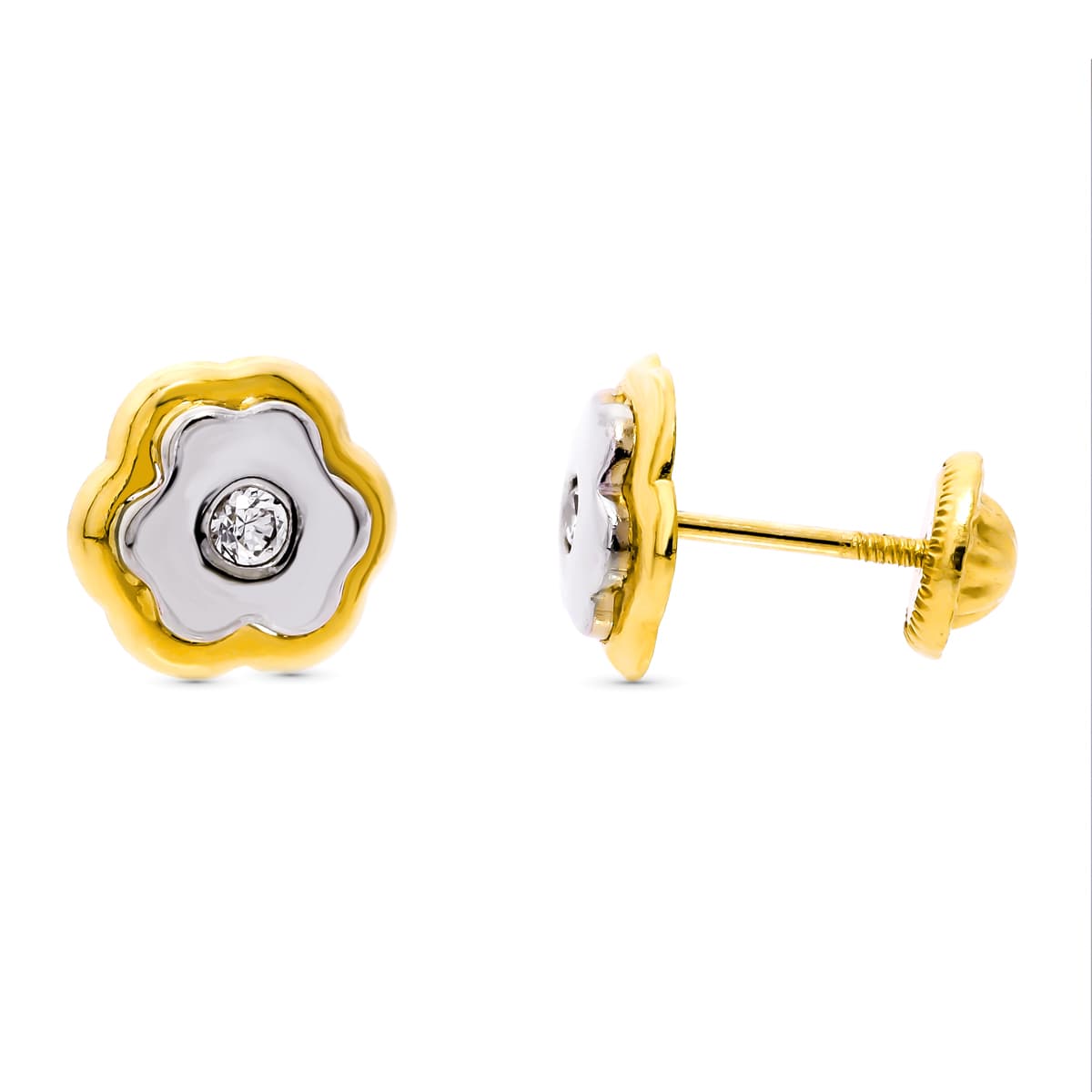 Pendientes Bicolor Trebol. 8 x 8 mm Cierre Tuerca 18K