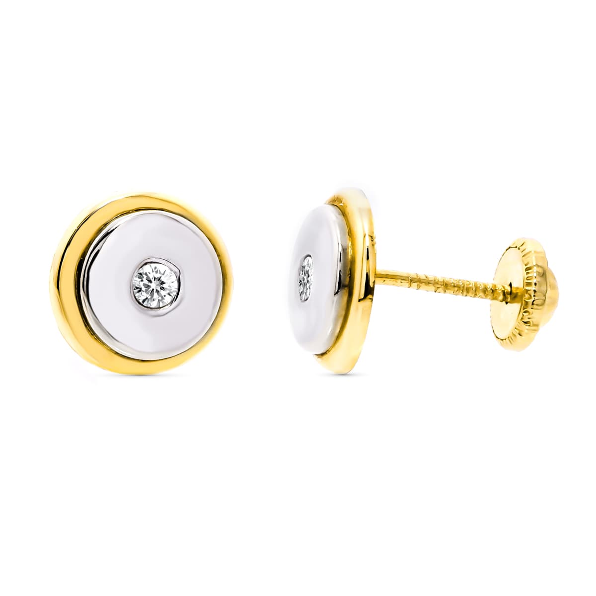 Pendientes Bicolor Redondos 8 mm Cierre Tuerca 18K
