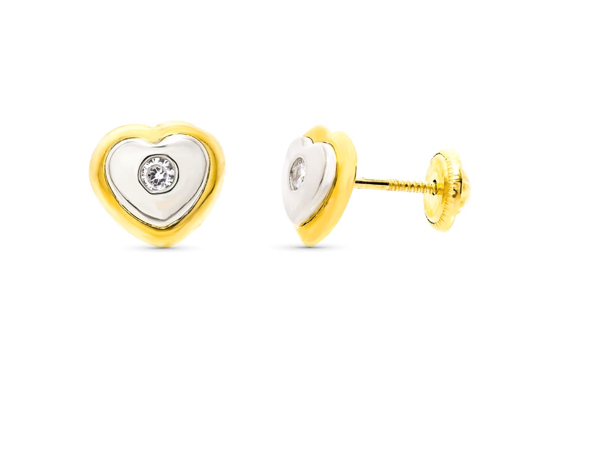 Pendientes Bicolor Corazon 8 x 7 mm Cierre Tuerca 18K