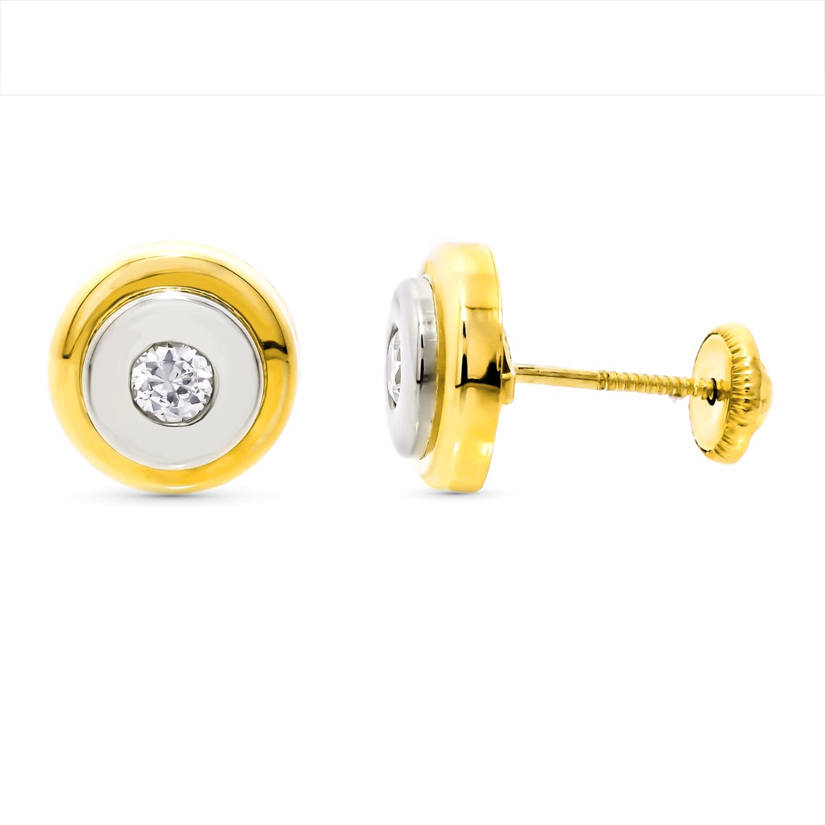 Pendientes Bicolor Redondos 9 mm Cierre Tuerca 18K