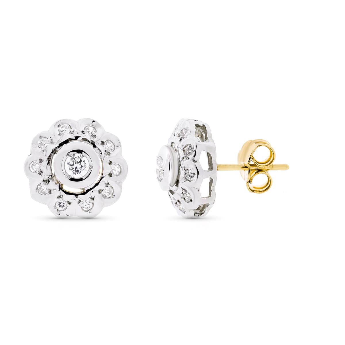 Pendientes Roseton Circonita 12 mm Cierre Tuerca de oro blanco 18K