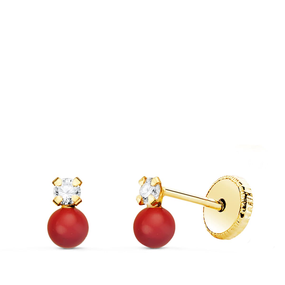 18K PENDIENTES ORO AMARILLO TU Y YO CIRCONITA Y CORAL 5X3 MM CIERRE TUERCA