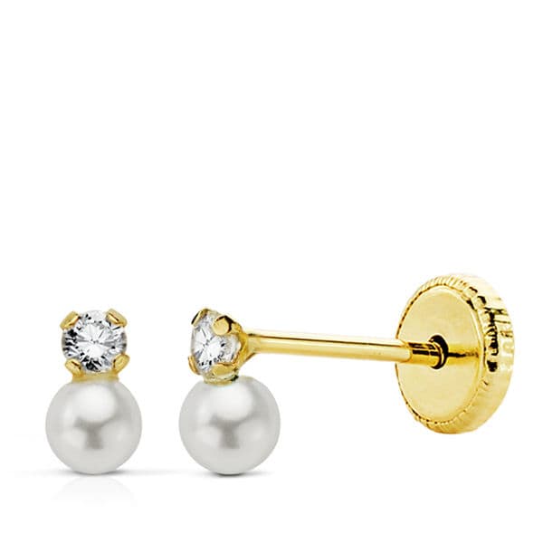18K PENDIENTES ORO AMARILLO PERLAS CON CIRCONITA MEDIDA TOTAL 5X3 MM CIERRE TUERCA