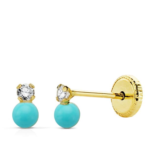 18K PENDIENTES ORO AMARILLO TU Y YO CIRCONITA Y TURQUESA 5X3 MM. CIERRE TUERCA