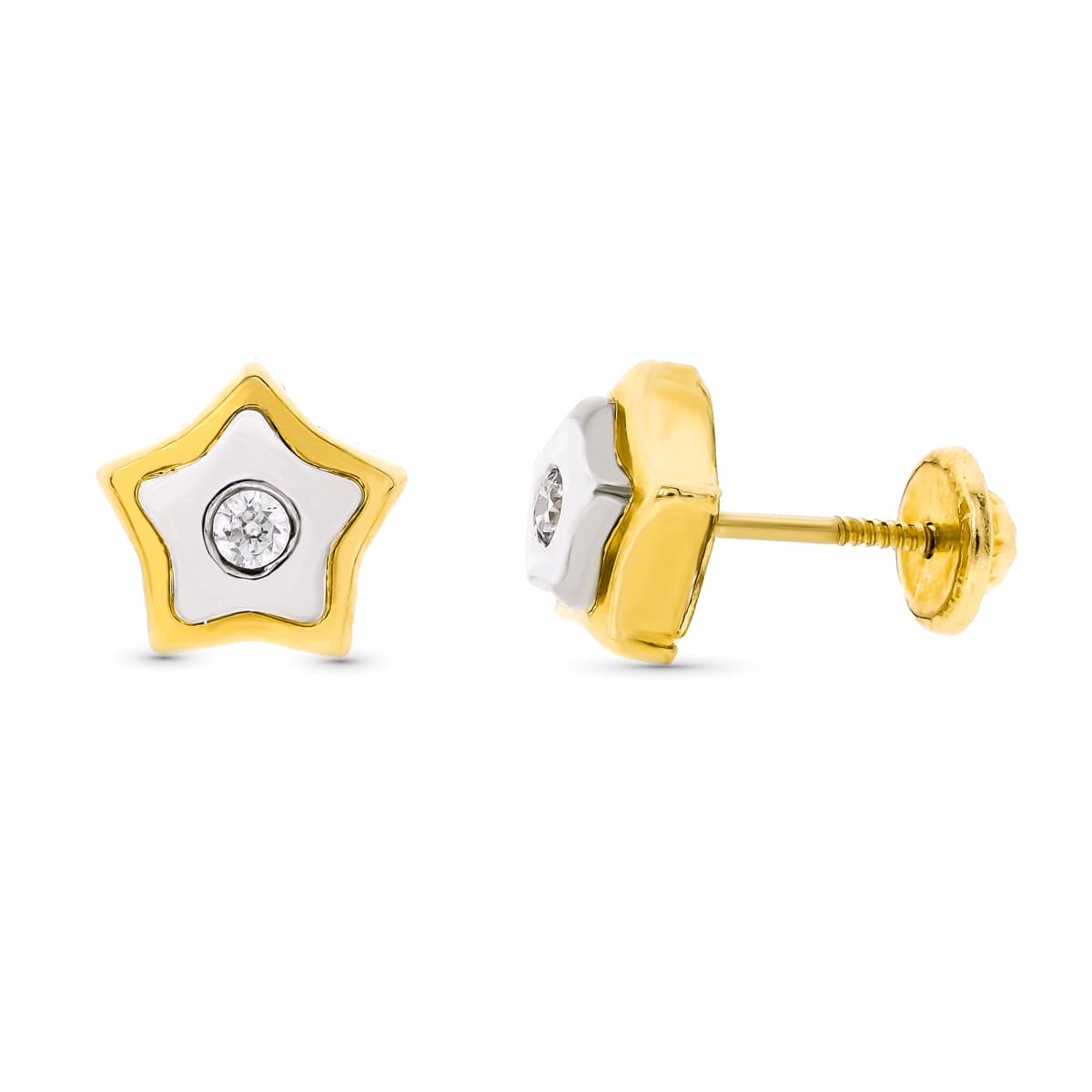 Pendientes Bicolor Estrella 8 x 8 mm Cierre Tuerca 18K