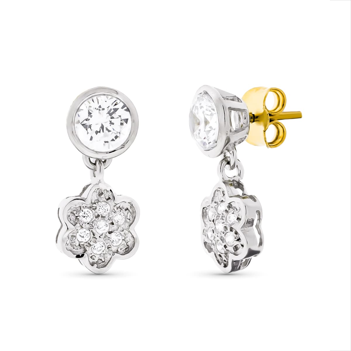 Pendientes Circonita Flor 17 x 8 mm Cierre a Presión de oro blanco 18K