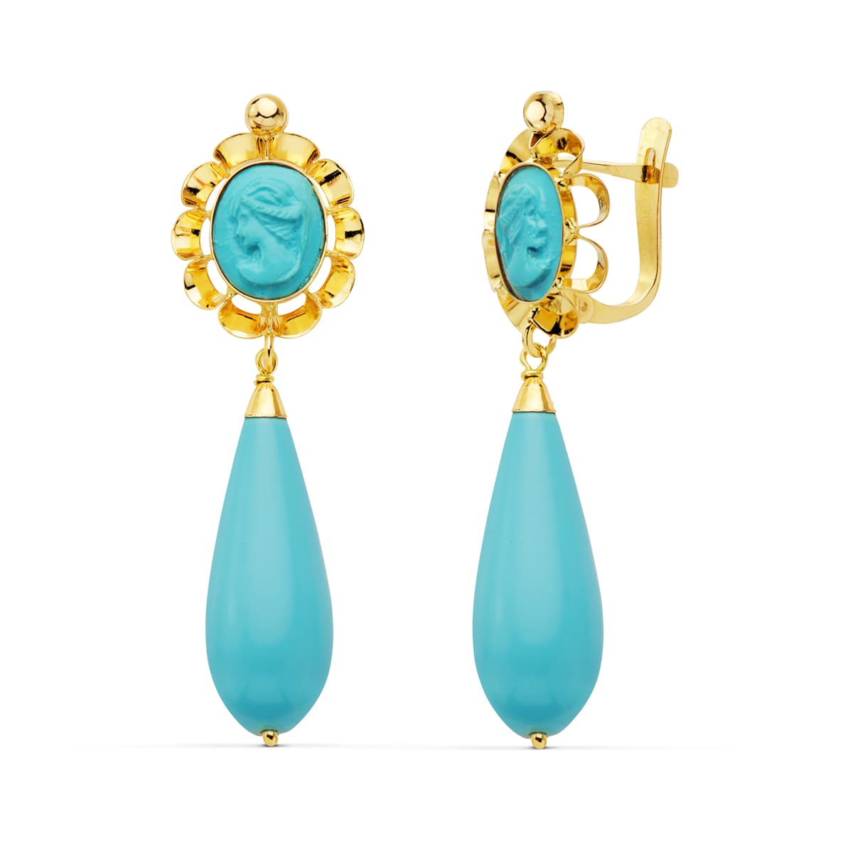 Pendientes Cubanas Turquesa Camafeo 47 x 14 mm Ceirre Catalán de oro amarillo 18K